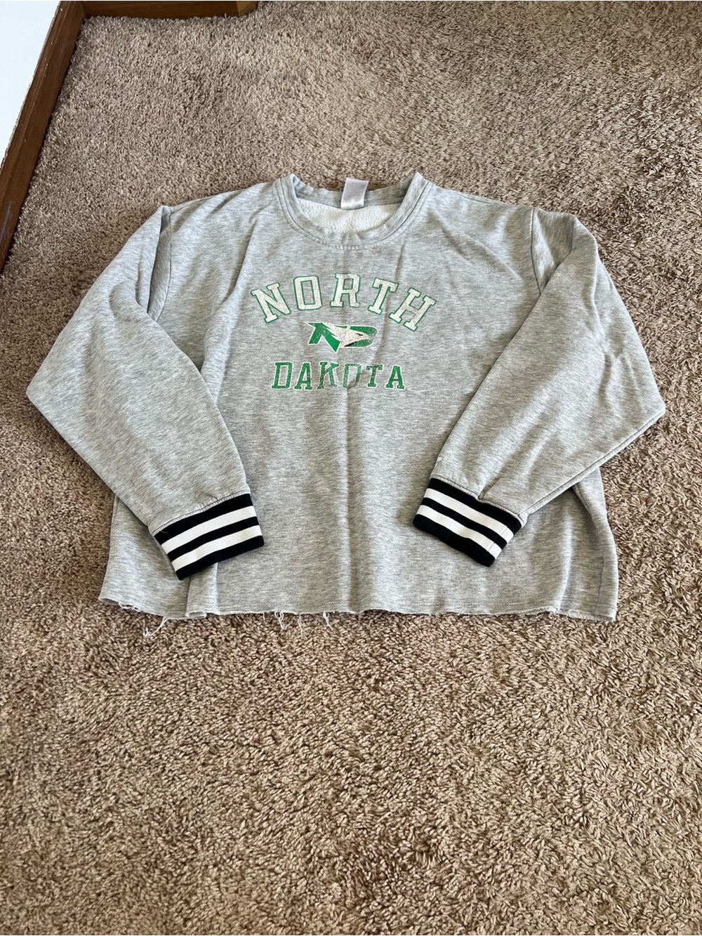 North Dakota Grey Crewneck Sweater with Black-Striped Cuffs
